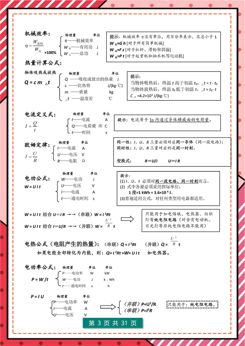 8年级-9年级物理 - 核心公式表+核心考点