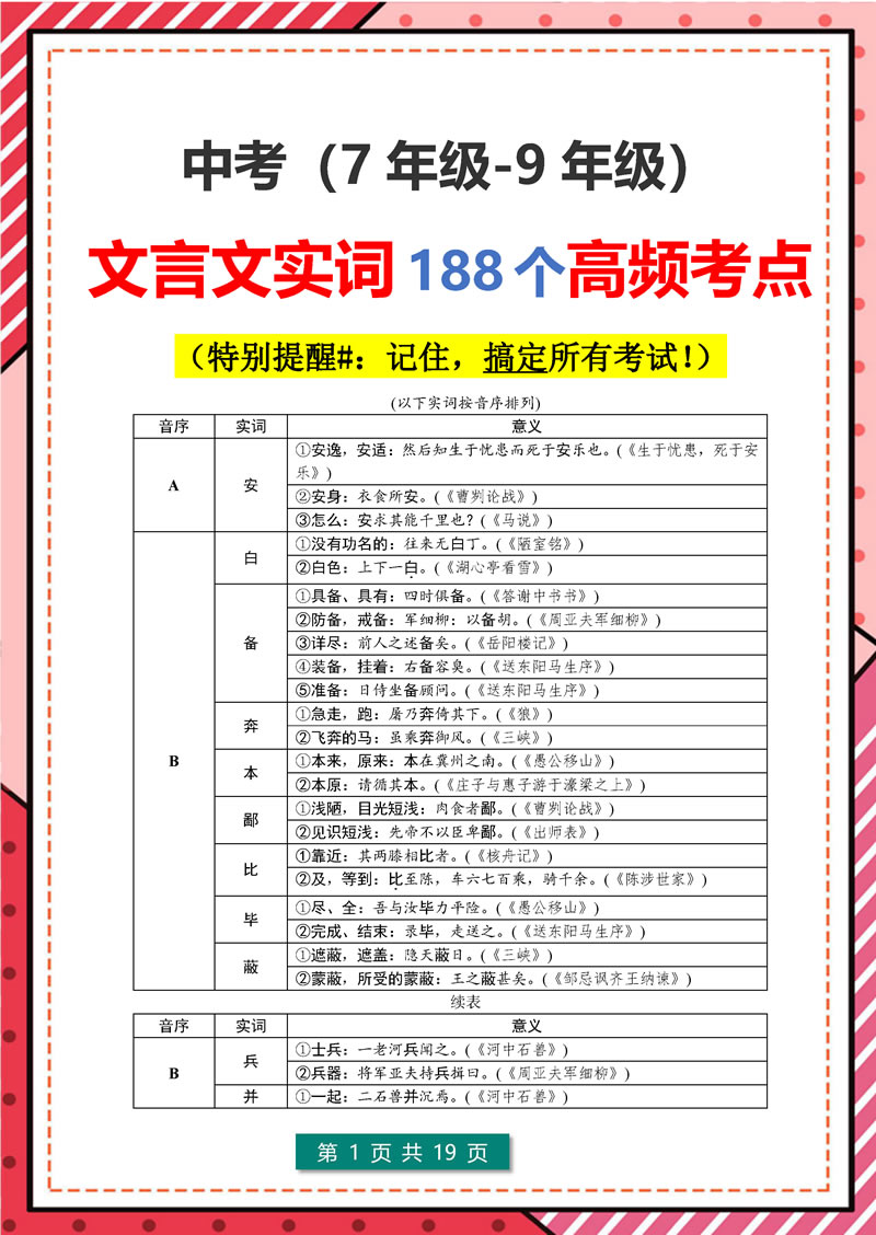 文言文“实词”+虚词-高频考点 (中考 7年级-9年级)