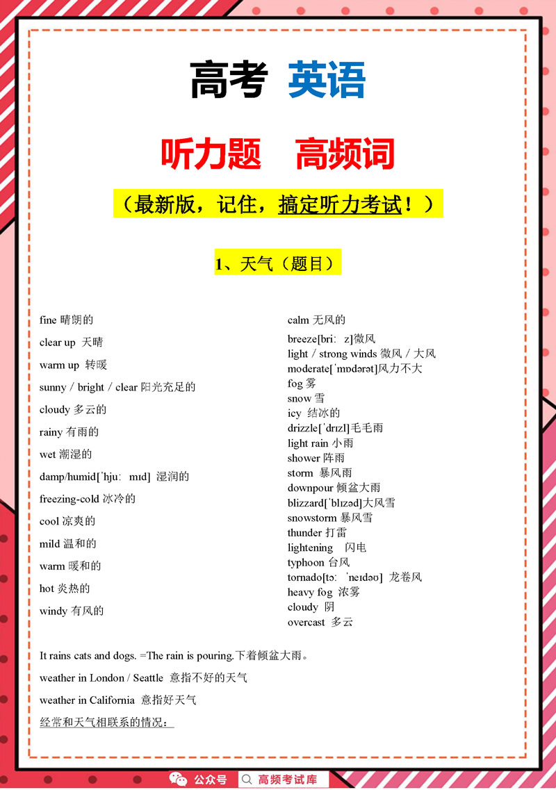 高考英语  听力题  高频词  （逢考必有）